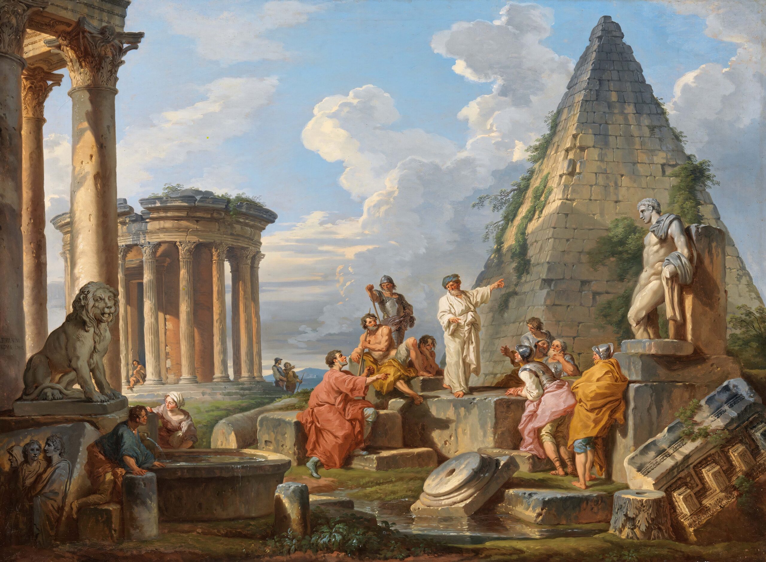 "Panoramic Painting by Giovanni Paolo Panini: Saint Paul Preaching to Romans with Temple of Vesta and Pyramid of Caius Cestius – Italian Baroque Masterpiece"