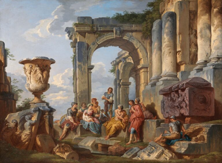 "Alt text: 'A Capriccio with Saint Peter Preaching to the Romans' by Giovanni Paolo Panini - An 18th-century Italian painting depicting Saint Peter delivering a sermon to an attentive Roman audience amidst classical architectural ruins. The artwork, characterized by its intricate detailing and harmonious composition, captures