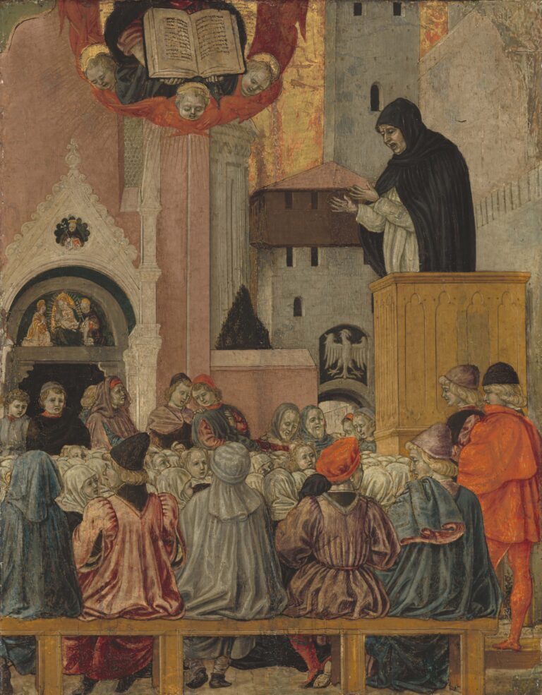 Alt text: "A Dominican Preaching by Agnolo degli Erri, circa 1470 - Renaissance painting depicting a Dominican friar delivering a sermon, showcasing Italian 15th-century religious art with detailed expressions and period attire."