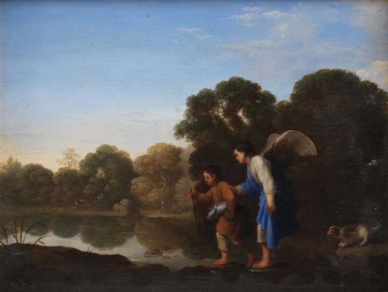Young Tobiah walking with the Archangel Raphael, holding a fish, in a pastoral landscape — painting by Toussaint Gelton