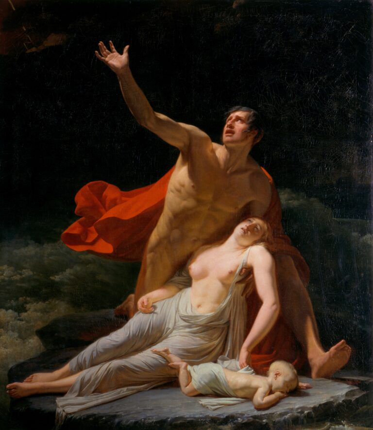 A pre-romantic painting by Henri-Pierre Danloux showing a family clinging to rocks during a dramatic biblical flood, evoking emotional tragedy and sublime nature.