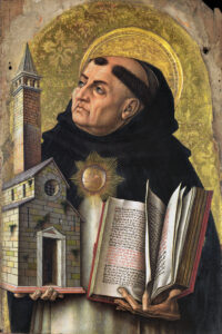 Saint Thomas Aquinas in Dominican robes holding a book, painted by Carlo Crivelli in 1476 with a gold background.