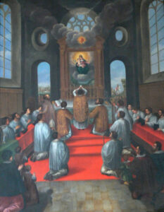 Painting by David Stangel depicting Abbot Martin Greysing elevating the Consecrated Host during a Solemn High Mass at the altar of St. Martin's Church, surrounded by kneeling monks and servers.