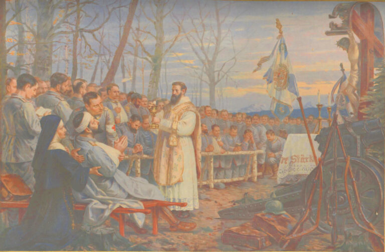 Painting by Kaspar Schleibner titled Bavarian Field Mass (1915), showing a chaplain holding a chalice during an outdoor WWI liturgy for soldiers, with a wounded man attended by a nun in the foreground and a cannon near a crucifix.
