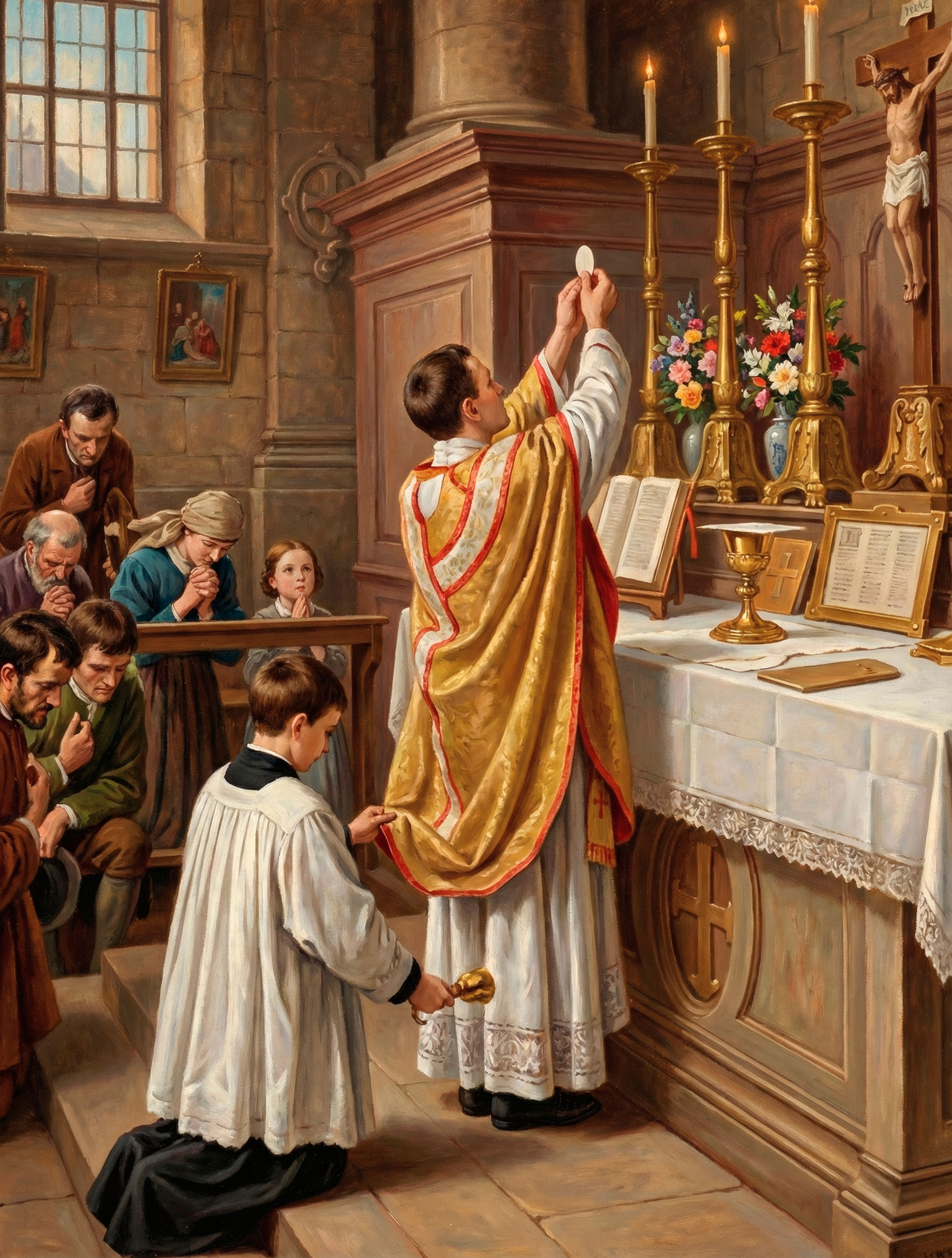 Oil painting by Philipp Schumacher showing a priest in gold vestments elevating the Eucharist during Mass, with an altar server ringing bells and faithful kneeling in prayer.