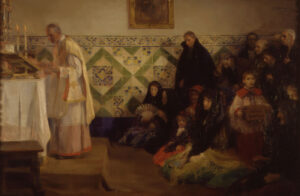 Painting by José Benlliure y Gil showing a priest celebrating Mass in a tiled church in Rocafort, Valencia, while women with fans and mantillas kneel and an altar boy holds a collection box.