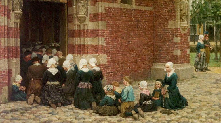 Painting by George Clausen showing women and children in traditional Dutch bonnets and wooden clogs kneeling on cobblestones outside a brick church door during High Mass in a Zuyder Zee fishing village.