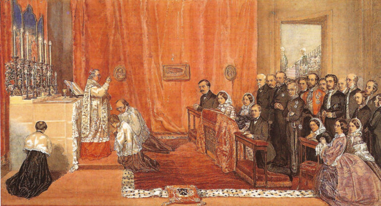 Painting by Eduardo Lobo de Moura depicting a Catholic Mass being celebrated in 1858 at the Portuguese Legation in London, featuring a priest at the altar and a congregation of diplomats and women in Victorian crinoline dresses.