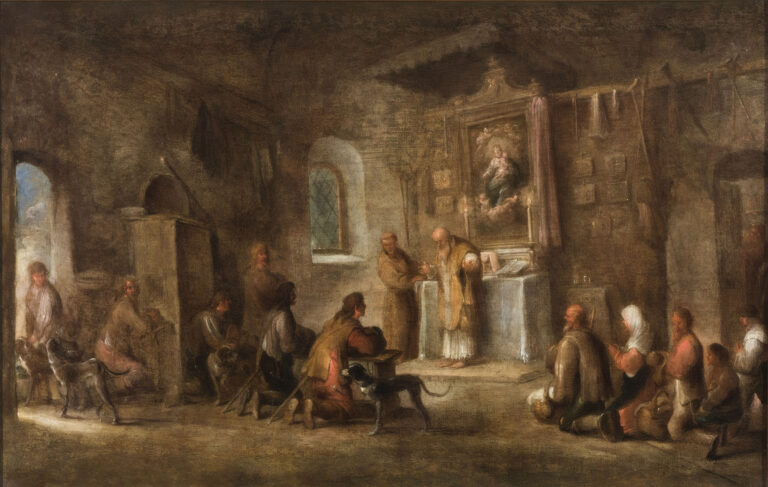 18th-century painting by an unknown artist showing a priest celebrating Mass in a rustic village church interior, with kneeling peasants and dogs present in the nave.
