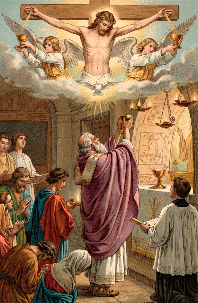 Painting by Philipp Schumacher titled Mass in the Catacombs, showing a priest elevating the chalice while a vision of the Crucified Christ and angels collecting His Blood appears above, surrounded by kneeling early Christians.