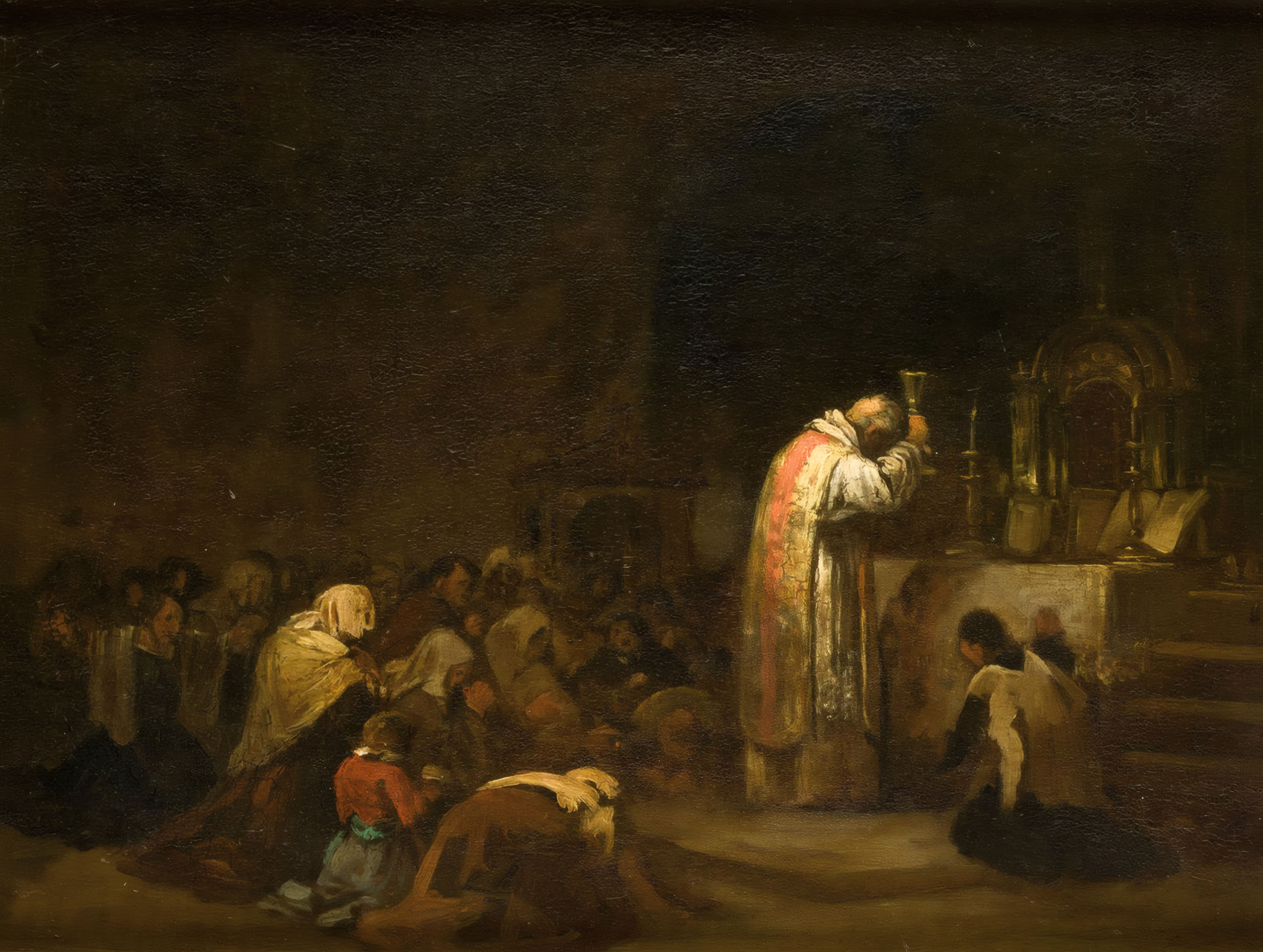 Painting by Eugenio Lucas Velázquez showing a priest elevating the golden chalice at a brightly lit altar, while a kneeling congregation prays in the dark shadows of the church nave.