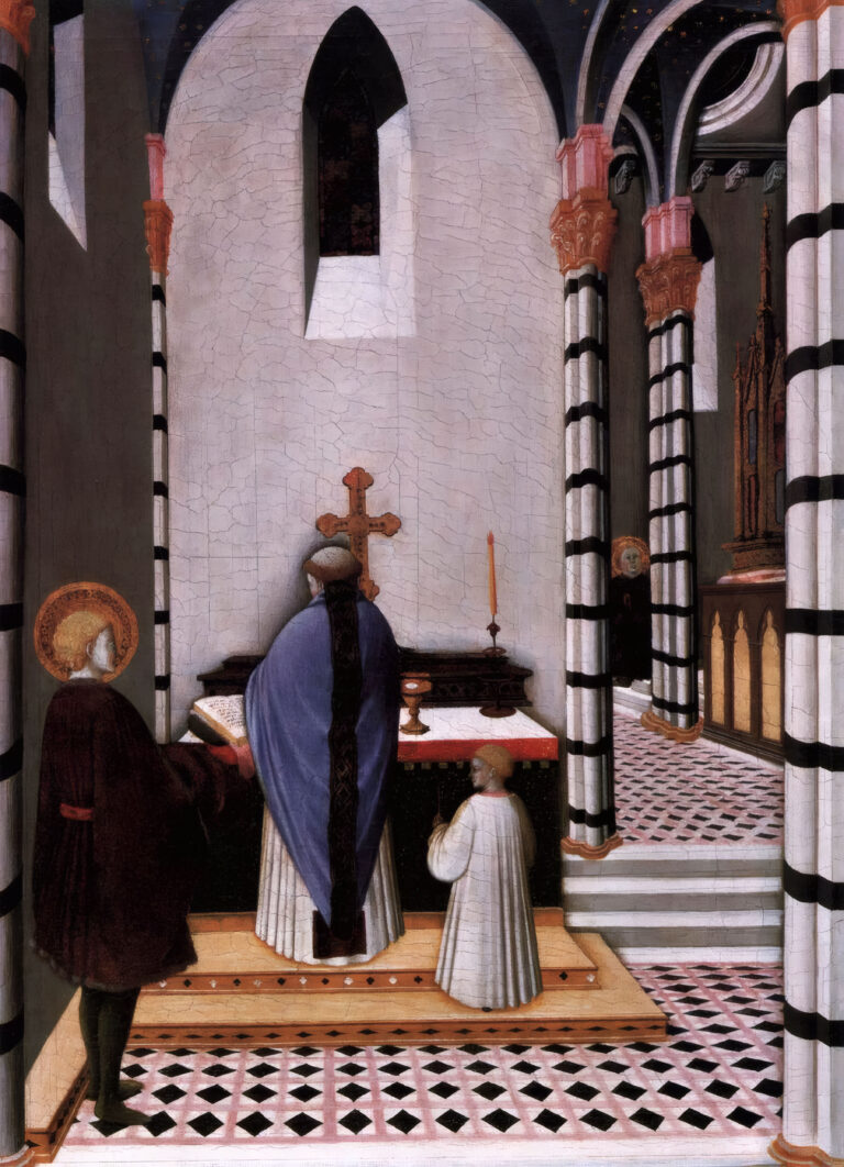 15th-century painting by Sano di Pietro showing young St. Anthony with a halo standing behind a priest celebrating Mass in a church with black and white striped columns.