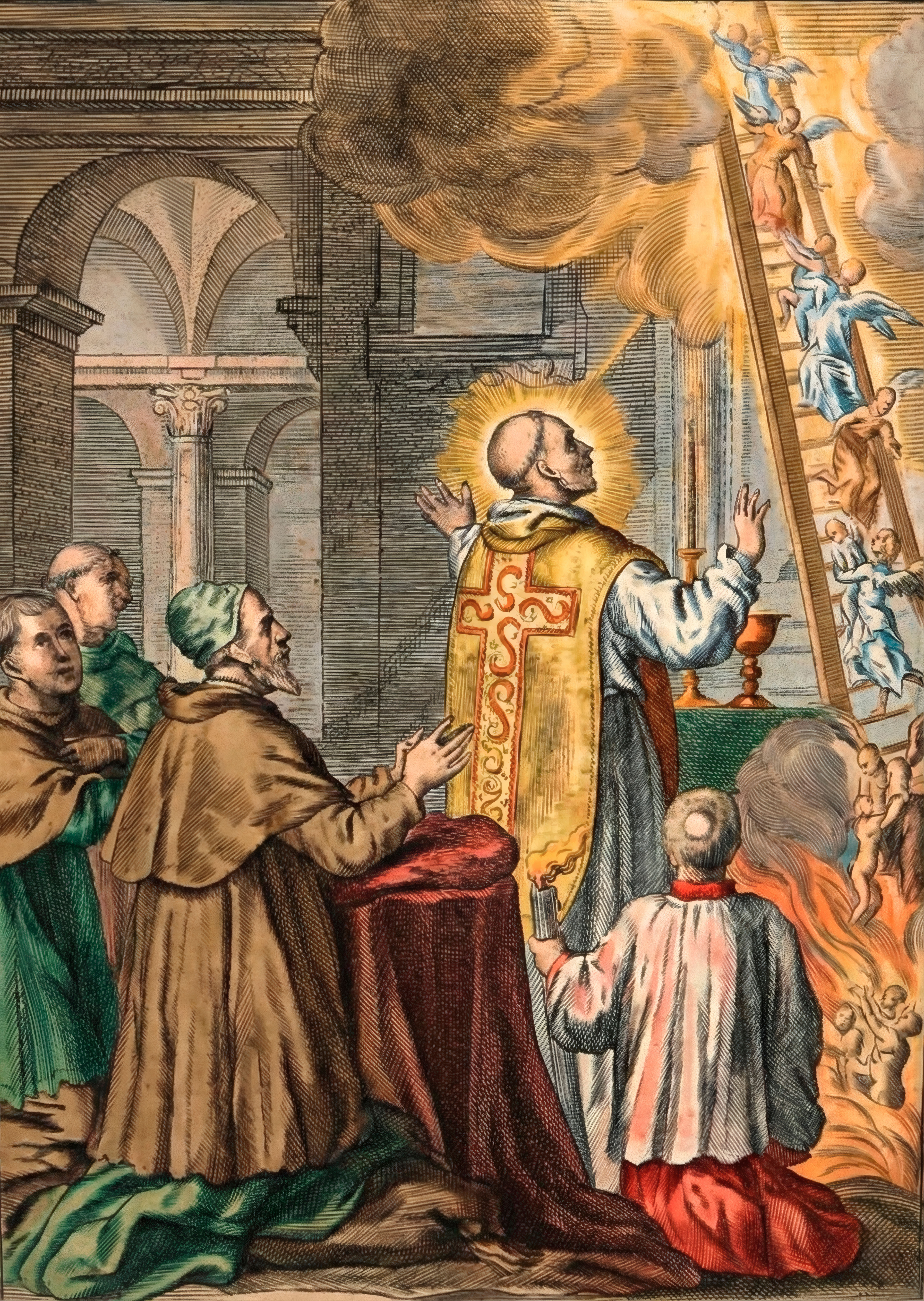 Copperplate engraving "St. Bernard Liberating Souls from Purgatory" by Jacobus Neeffs (1653), showing the saint at an altar and angels helping souls climb a ladder to heaven.