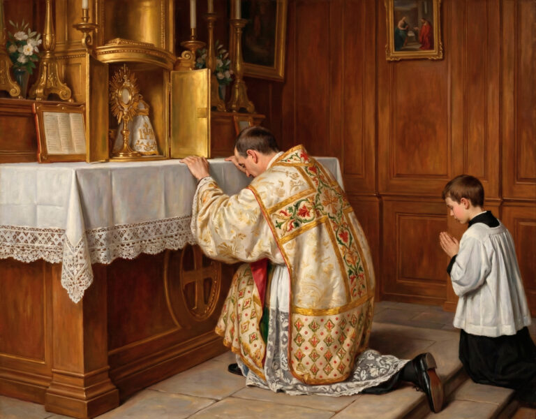 Painting by Philipp Schumacher showing a priest in a white chasuble and an altar boy kneeling in prayer before the Blessed Sacrament exposed in an open tabernacle.