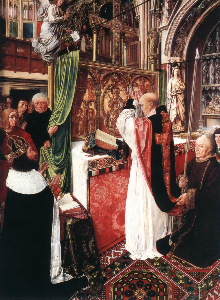 Painting by the Master of Saint Giles depicting Saint Giles elevating the Host at the altar of Saint-Denis, while an angel descends with a scroll towards the kneeling King Charlemagne.