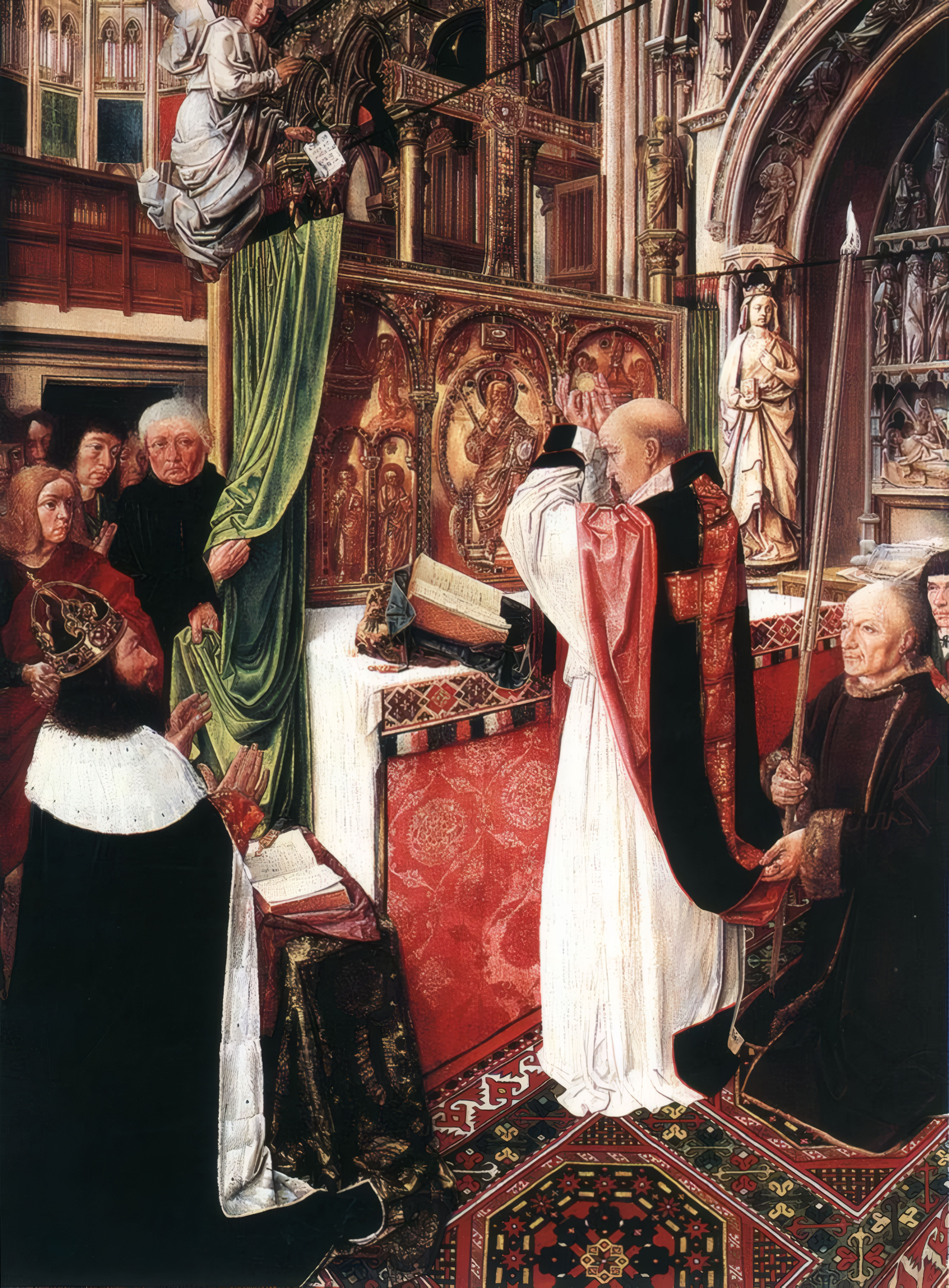Painting by the Master of Saint Giles depicting Saint Giles elevating the Host at the altar of Saint-Denis, while an angel descends with a scroll towards the kneeling King Charlemagne.