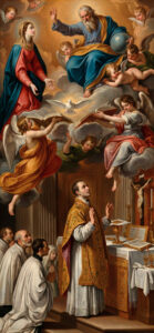 Vertical drawing "Vision During a Mass" by Belisario Corenzio, depicting a priest at an altar looking up in awe at a vision of God the Father and angels, with worshippers kneeling below.